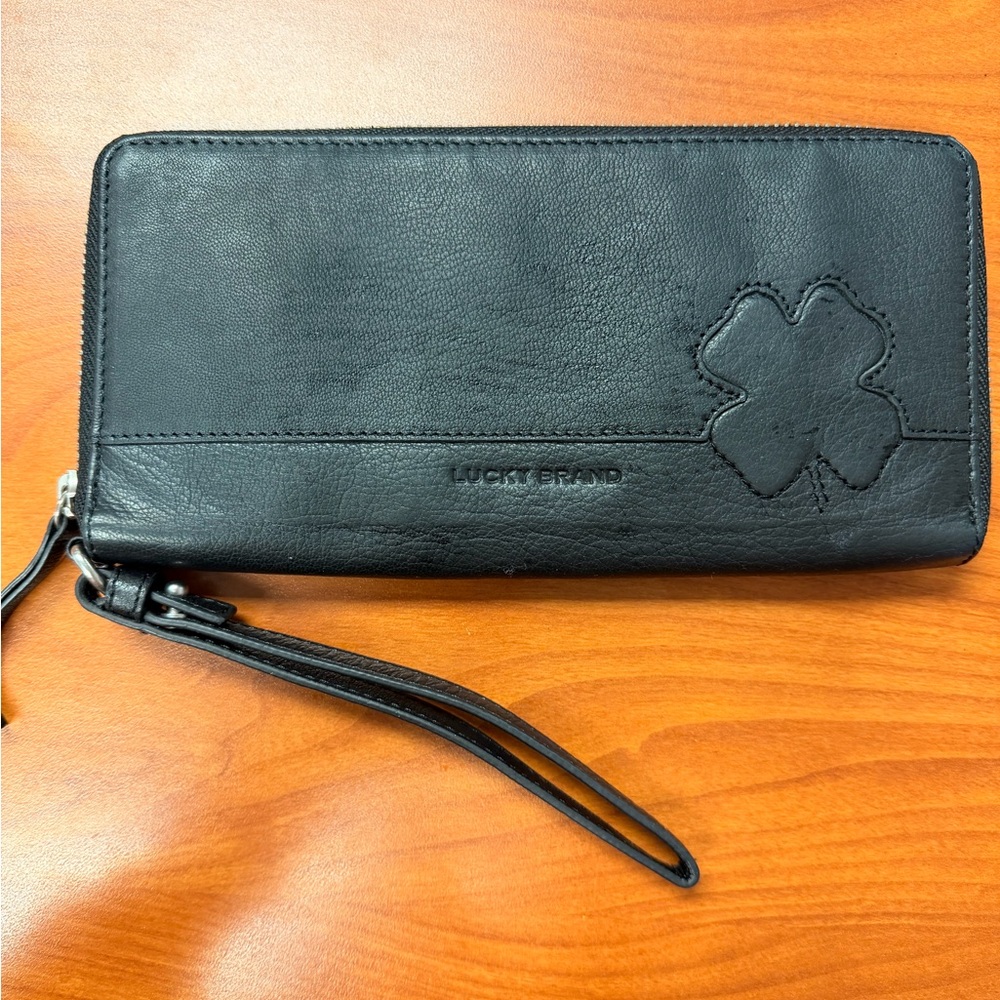 Lucky Brand Black Leather Wristlet with Clover Accent